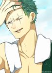  1boy curry_gohan green_hair male male_focus nnk_karemeshi one-eyed one_piece roronoa_zoro smile solo topless wet 