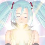 1girl blue_hair calborn detached_sleeves eyes_closed glowing hatsune_miku sleeveless solo twintails vocaloid 