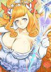  breasts cleavage elbow_gloves gloves large_breasts long_hair looking_at_viewer lord_of_vermilion lord_of_vermilion_iii orange_hair purple_eyes smile solo souren staff 