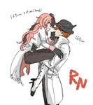  1girl black_gloves boots bowler_hat brown_hair carrying cigar from_side gloves hat high_heels knee_boots long_hair multicolored_hair neo_(rwby) orange_hair pink_hair roman_torchwick rwby signalkj size_difference smile two-tone_hair white_background 