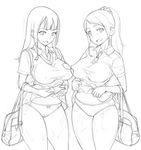  2girls character_request female monochrome multiple_girls original panties ponytail red-p sketch skirt_lift standing underwear white_background 