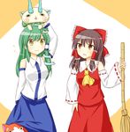  &gt;:) abbreviated_karakusa ascot bare_shoulders bow breasts broom brown_eyes brown_hair cat collared_shirt crossover detached_sleeves flying_sweatdrops frog_hair_ornament furoshiki green_eyes green_hair hair_bow hair_ornament hair_tubes hakurei_reimu jibanyan kochiya_sanae komasan long_hair long_skirt medium_breasts multiple_girls open_mouth puchimirin shirt skirt skirt_set smile snake_hair_ornament sweatdrop touhou v-shaped_eyebrows vest youkai youkai_watch 