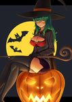  bat black_legwear blush breasts cape cleavage easy_(aqk7bdqt) frills full_moon green_hair halloween hat highres jack-o'-lantern large_breasts long_hair long_sleeves moon naughty_face open_clothes open_shirt original pumpkin shirt sitting sitting_on_object skirt solo staff thighhighs witch_hat yellow_eyes 