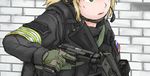  ak-74m armband assault_rifle bad_id bad_pixiv_id blonde_hair dutchko eotech gloves green_eyes gun handgun headset holding holding_gun holding_weapon long_sleeves military military_uniform mp443 open_mouth original rifle russia russian_flag short_hair solo trigger_discipline uniform weapon 