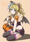  ayase_eli bat_wings between_legs black_legwear blonde_hair blue_eyes blush breasts brooch candy cleavage detached_sleeves food garter_straps halloween hand_between_legs happy_halloween hat heart highres jack-o'-lantern jewelry long_hair looking_at_viewer love_live! love_live!_school_idol_project medium_breasts midriff mini_hat mini_witch_hat navel pas_(paxiti) ponytail simple_background skirt smile solo thighhighs wings witch_hat wrist_cuffs zettai_ryouiki 