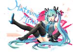  2014 aqua_hair blue_eyes boots character_name dated detached_sleeves hair_ribbon hatsune_miku high_heels iso1206 long_hair looking_at_viewer nail_polish necktie open_mouth ribbon sitting skirt solo thigh_boots thighhighs twintails very_long_hair vocaloid 