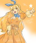 1girl blonde_hair blue_neckwear bow breasts brown_eyes calamity_jane commentary_request detached_sleeves dress drill_hair hair_ribbon hairband hazime-karbo highres long_hair open_mouth orange_dress orange_sleeves ribbon sidelocks small_breasts smile solo wild_arms wild_arms_1 
