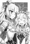  :&lt; :d ^_^ antenna_hair blush breasts chaika_trabant closed_eyes corset eyebrows frederika_(hitsugi_no_chaika) greyscale highres hitsugi_no_chaika monochrome multiple_girls namaniku_atk official_art open_mouth scan small_breasts smile thick_eyebrows 