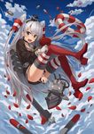  :d amatsukaze_(kantai_collection) blush boots brown_eyes bullet choker cloud covering covering_crotch day flower full_body gloves grey_hair hair_tubes hat highres holding innertube kantai_collection long_hair long_sleeves npcpepper o_o open_mouth petals red_legwear rensouhou-kun sailor_collar shirt sky smile striped striped_legwear tears thigh_boots thighhighs torpedo two_side_up v-shaped_eyebrows very_long_hair white_gloves 