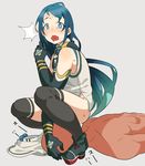  1girl bad_id bad_twitter_id bare_shoulders blue_eyes blue_hair caught clothed_female_nude_male commentary_request elbow_gloves emu_(eomou) faceless faceless_male gloves kantai_collection long_hair nude samidare_(kantai_collection) sitting sitting_on_face sitting_on_person skirt skirt_removed solo_focus squatting sweat tears 