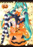  ahoge aoya_(hoshixii) aqua_hair bat_wings candy candy_cane detached_sleeves food garter_straps green_eyes halloween hatsune_miku high_heels jack-o'-lantern letterboxed long_hair marker_(medium) nail_polish sitting skirt solo striped striped_legwear thighhighs traditional_media twintails very_long_hair vocaloid wings 