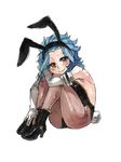  blue_hair boots bunnysuit curly_hair elbow_gloves fairy_tail gloves high_heel_boots high_heels knees_together levy_mcgarden looking_at_viewer rusky simple_background smile solo white_background 