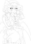  :/ bat_wings bow eichi_yuu fang greyscale hand_on_hip hat highres lineart looking_at_viewer mob_cap monochrome pointy_ears remilia_scarlet short_hair sketch solo touhou transparent_background wings 