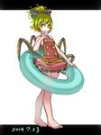  adapted_costume alternate_costume barefoot blonde_hair bow commentary_request dated full_body hair_bow highres kurodani_yamame namauni ponytail short_hair sketch smile solo spider_legs swimsuit touhou yellow_eyes 