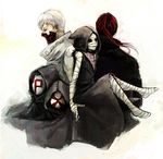  absurdres bandaged_arm bandaged_head bandaged_leg bandages bin_brothers_(tokyo_ghoul) eto_(tokyo_ghoul) highres hood huge_filesize mask noro_(tokyo_ghoul) ponytail profile red_eyes red_hair straw_like tatara_(tokyo_ghoul) tokyo_ghoul white_hair 