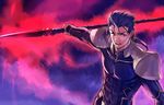  bad_id bad_pixiv_id blue_hair fate/stay_night fate_(series) gae_bolg lancer long_hair male_focus polearm ponytail red_eyes solo spear takemori_shintarou weapon 