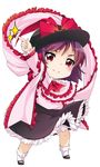  berry_jou bow chibi frills hand_on_hip hat highres looking_at_viewer nagae_iku pointing pointing_up purple_hair red_eyes ribbon saturday_night_fever shawl short_hair simple_background smile solo sparkle touhou white_background 