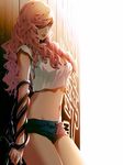  breasts crop_top ha-ru_(the_breaker) hair_over_one_eye large_breasts lipstick long_hair makeup manhwa navel pink_hair shorts the_breaker the_breaker_new_waves weapon whip 