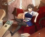  black_legwear breasts brown_eyes brown_hair couch curtains fate/stay_night fate_(series) flight_deck highres japanese_clothes kaga_(kantai_collection) kantai_collection large_breasts muneate muneneko parody short_hair side_ponytail sitting skirt solo thighhighs window 