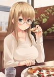  akemiho_tabi_nikki blush breasts food glasses green_eyes highres holding_pizza kouno_hikaru large_breasts long_hair oribe_shiori pizza solo 