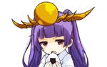  animated animated_gif bangs blunt_bangs blush eating food haori headpiece highres holding japanese_clothes long_hair open_mouth pikomarie purple_hair puzzle_&amp;_dragons red_eyes simple_background solo twintails white_background yomi_(p&amp;d) 