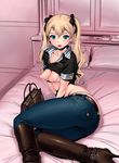  1girl areolae bag bed blonde_hair boots breasts character_request female handbag high_heel_boots high_heels inverted_nipples long_hair looking_at_viewer lying medium_breasts nipples original perky_breasts pointy_breasts puffy_nipples purse red-p solo twintails 