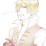  1boy blonde_hair blue_eyes crossed_arms curry_gohan frown gloves hair_over_one_eye looking_at_viewer male male_focus one_piece one_piece_film_z sanji solo vest 