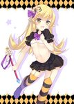  :d bad_id bad_pixiv_id bakemonogatari bekotarou blonde_hair garter_straps gradient_eyes hair_ornament halloween highres holding long_hair looking_at_viewer monogatari_(series) multicolored multicolored_eyes navel open_mouth oshino_shinobu pleated_skirt skirt smile solo striped striped_legwear thighhighs wand 