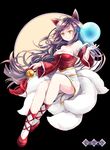  ahri animal_ears bare_shoulders black_background black_hair breasts cleavage fox_ears fox_tail kamui_(kamuikaoru) large_breasts league_of_legends long_hair looking_at_viewer multiple_tails orb smile solo tail yellow_eyes 