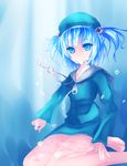  aqua_eyes bad_id bad_pixiv_id barefoot blue_eyes blue_hair bubble collarbone dress floating floating_hair floating_object hair_bobbles hair_ornament hat highres hood hoodie jewelry kawashiro_nitori key key_necklace light_rays long_sleeves looking_at_viewer necklace rinne_(kouheiramia) shirt sitting skirt skirt_set smile solo sunlight touhou two_side_up underwater wet wet_clothes 