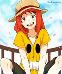  1boy brown_eyes curry_gohan hat indian_style male male_focus monkey_d_luffy nnk_karemeshi one_piece one_piece_film_z shirt sitting smile smiley solo straw_hat t-shirt 