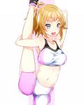  bike_shorts blue_eyes blush breasts brown_hair gundam gundam_build_fighters gundam_build_fighters_try hoshino_fumina large_breasts leg_up looking_at_viewer midriff navel open_mouth ponytail scrunchie short_hair smile solo sports_bra stretch touryou 