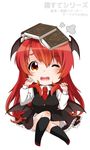  ;d bat_wings berry_jou blush book book_on_head breasts chibi head_wings koakuma large_breasts long_hair looking_at_viewer object_on_head one_eye_closed open_mouth red_eyes red_hair simple_background smile solo tears touhou white_background wince wings 
