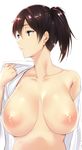  areolae blush breasts brown_eyes brown_hair collarbone expressionless japanese_clothes kaga_(kantai_collection) kantai_collection large_breasts looking_away looking_to_the_side nipples open_clothes sagging_breasts short_hair side_ponytail simple_background solo tomohiro_kai upper_body white_background 