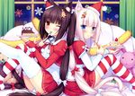  2girls absurdres animal_ears bell black_hair blue_eyes blush brown_eyes cake cat_ears cat_tail chocola_(sayori) chocolat_(sayori) choker christmas eating food fork hat headdress highres hime_cut indoors long_sleeves mistletoe multiple_girls nekopara one_eye_closed original panties pink_hair plate ribbon santa_hat sayori scan sitting skirt smile snowflakes snowing stuffed_animal stuffed_bunny stuffed_toy tail thighhighs twintails underwear vanilla_(sayori) white_panties window 