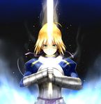  ahoge armor armored_dress artoria_pendragon_(all) blonde_hair dress excalibur fate/stay_night fate_(series) gauntlets glowing glowing_sword glowing_weapon green_eyes hair_ribbon isshiki_(ffmania7) juliet_sleeves long_sleeves puffy_sleeves ribbon saber solo weapon 