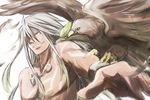  bird grin jewelry long_hair male_focus mishiro_(andante) necklace shirtless smile solo tales_of_(series) tales_of_zestiria tattoo white_background white_hair yellow_eyes zaveid_(tales) 