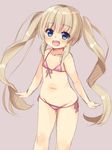  :d asa_no_ha bikini blonde_hair blue_eyes blush covered_nipples flat_chest front-tie_bikini front-tie_top grey_background long_hair looking_at_viewer memi_(asa_no_ha) open_mouth original side-tie_bikini simple_background sketch smile solo swimsuit twintails 