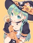  aqua_eyes aqua_hair breasts dress earrings gloves halloween_costume hat jewelry kantai_collection large_breasts long_hair momoirone solo staff suzuya_(kantai_collection) 