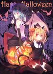  alternate_costume arm_support asymmetrical_wings bare_shoulders bat_wings between_legs black_legwear blonde_hair finger_to_mouth flandre_scarlet halloween hand_between_legs hat jack-o'-lantern kemonomimi_mode kohaku. lavender_hair looking_at_viewer looking_back miniskirt mob_cap multiple_girls pinstripe_pattern pointy_ears pumpkin purple_shirt red_eyes red_legwear red_skirt remilia_scarlet shirt short_hair short_twintails siblings sisters sitting skirt skirt_set sleeveless sleeveless_shirt smile striped thighhighs touhou twintails wings 