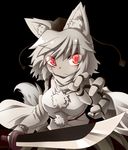  animal_ears bare_shoulders black_background breasts detached_sleeves grey_hair hat highres inubashiri_momiji mechanization medium_breasts pom_pom_(clothes) red_eyes robot robot_joints ryuu_(multitask) short_hair simple_background solo sword tail tokin_hat touhou weapon wolf_ears wolf_tail 
