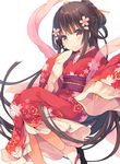  black_hair brown_eyes cherry_blossoms hair_ornament hair_stick japanese_clothes kimono long_hair looking_at_viewer mayachi_(amuriya) original ponytail shawl smile solo 