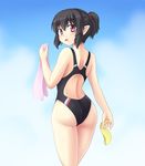  alternate_costume alternate_hairstyle ass black_hair blush competition_swimsuit isaki_(gomi) looking_at_viewer looking_back one-piece_swimsuit pointy_ears ponytail red_eyes shameimaru_aya short_hair solo swimsuit touhou 