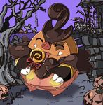  candy fangs halloween hijirino_yuuta jack-o&#039;-lantern jack-o'-lantern licking lollipop no_humans pignite pokemon pokemon_(game) pokemon_bw pokemon_xy pumpkaboo pumpkaboo_(cosplay) saliva solo tongue tongue_out 