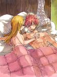  abs bed blanket blonde_hair couple fairy_tail lucy_heartfilia natsu_dragneel nude pink_hair rusky scarf sleeping 