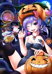  bat blush_stickers breasts bubble candy cape cat collarbone covered_navel crescent_moon demon_girl demon_tail demon_wings fang fangs fireworks food food_themed_hair_ornament hair_ornament halloween hat head_wings highres jack-o'-lantern lollipop moon mummy one-piece_swimsuit one_eye_closed original pocky pumpkin pumpkin_hair_ornament pumpkin_hat purple_eyes purple_hair qixi_cui_xing red_eyes sharp_teeth skull_hair_ornament small_breasts stitched_mouth stitches succubus swimsuit tail teeth thighhighs thorns tongue tongue_out twintails window wings witch_hat 