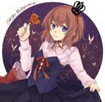  bag blue_eyes brown_hair bug butterfly candy crown dress food halloween happy_halloween insect jack-o'-lantern lollipop skirt_hold smile umineko_no_naku_koro_ni ushiromiya_maria y0e0k 