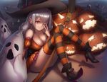  boots breasts broom cleavage convenient_censoring ghost grin halloween hat high_heel_boots high_heels jack-o'-lantern lamchun_(2006) large_breasts legs_up long_hair looking_at_viewer one_eye_closed original red_eyes silver_hair sitting smile solo striped striped_legwear thighhighs witch_hat 