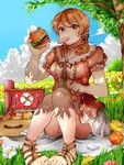 bad_id bad_pixiv_id brown_hair cloud commentary_request day eating field flower flower_field food hamburger highres nappa_(mukudoku6996) original picnic puffy_sleeves red_eyes sandals short_hair sitting skirt sky solo tree twintails 