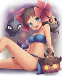  :d bandeau blue_eyes blue_sarong breasts cleavage dark_skin duskull elite_four flower fuyou_(pokemon) gen_3_pokemon gen_6_pokemon hair_flower hair_ornament halloween highres loincloth medium_breasts midriff navel open_mouth pokemon pokemon_(creature) pokemon_(game) pokemon_oras pumpkaboo sableye sarong short_hair shuppet smile snowcanvas strapless 